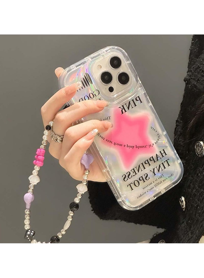 general Case for iPhone 15 Pro Max, Sparkling Pink Star Pattern Transparent Cute Phone Case with Pearl Heart Bracelet - Image 2