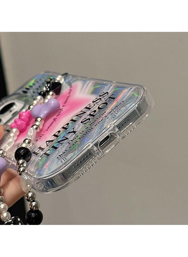 general Case for iPhone 15 Pro Max, Sparkling Pink Star Pattern Transparent Cute Phone Case with Pearl Heart Bracelet - Image 4