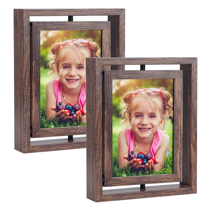 2 PACK 5X7 PICTURE FRAMES ROTATING FLOATING PHOTO FRAME WOODEN 2 SIDED FRAMES FOR VERTICAL OR HORIZONTAL TABLETOP DISPLAY