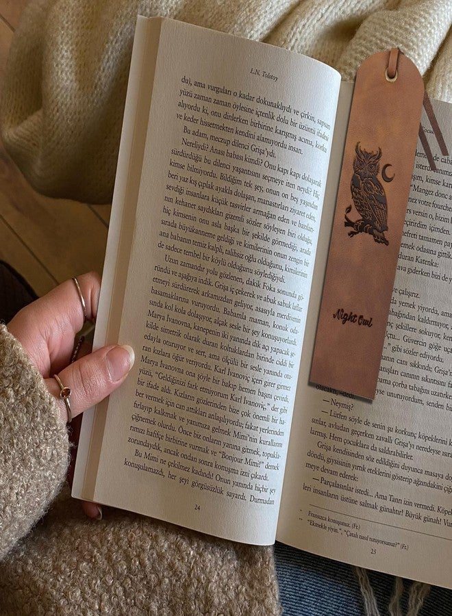 MAYJOYDIY 4pcs Owl Moon Leather Bookmarks 2×7inch Night Owl Cowhide Vintage Leather Book Markers Genuine Handmade Page Markers for Men Women Lovers Gift Book Lovers Reading Office Supplies - Image 5