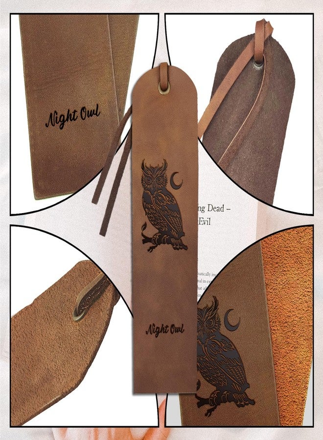 MAYJOYDIY 4pcs Owl Moon Leather Bookmarks 2×7inch Night Owl Cowhide Vintage Leather Book Markers Genuine Handmade Page Markers for Men Women Lovers Gift Book Lovers Reading Office Supplies - Image 4