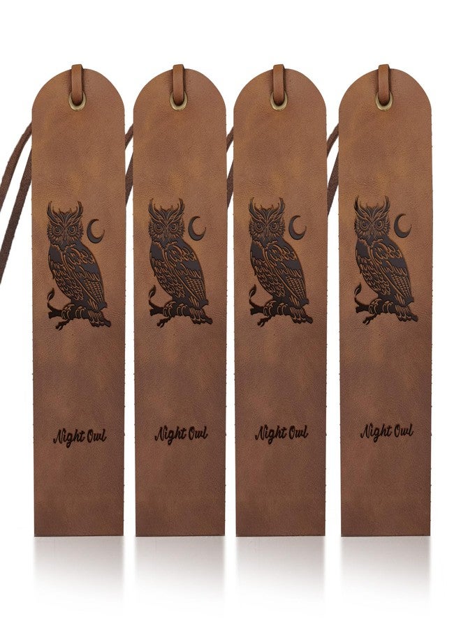 MAYJOYDIY 4pcs Owl Moon Leather Bookmarks 2×7inch Night Owl Cowhide Vintage Leather Book Markers Genuine Handmade Page Markers for Men Women Lovers Gift Book Lovers Reading Office Supplies - Image 1