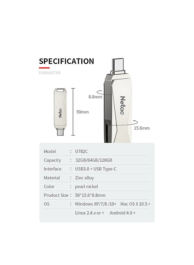 نيتاك مدخل فلاش درايف USB Type-C بواجهة مزدوجة U782C فضي - Image 4