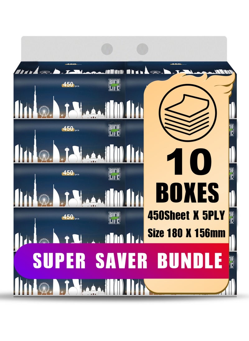 Rich Life - Facial Tissue - Premium Quality 5-Ply - 450 Sheets | 10 Value Packs | Soft, Durable & Moisture Proof | 100% Raw Wood Pulp - Ideal for Wet & Dry | Available in 5 to 100 Packs - Image 1