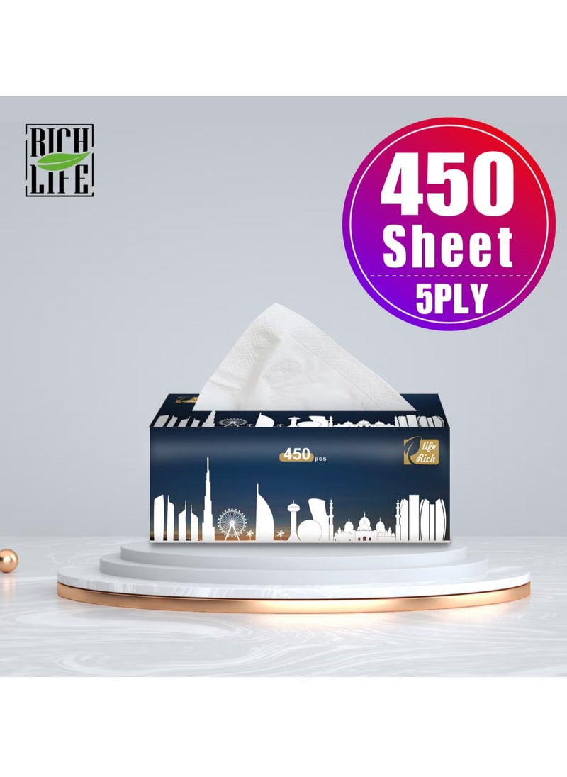 Rich Life - Facial Tissue - Premium Quality 5-Ply - 450 Sheets | 10 Value Packs | Soft, Durable & Moisture Proof | 100% Raw Wood Pulp - Ideal for Wet & Dry | Available in 5 to 100 Packs - Image 1