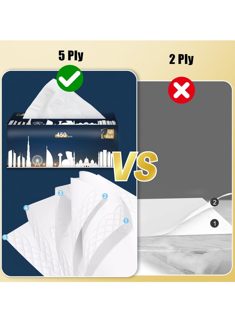 Rich Life - Facial Tissue - Premium Quality 5-Ply - 450 Sheets | 10 Value Packs | Soft, Durable & Moisture Proof | 100% Raw Wood Pulp - Ideal for Wet & Dry | Available in 5 to 100 Packs - Image 1