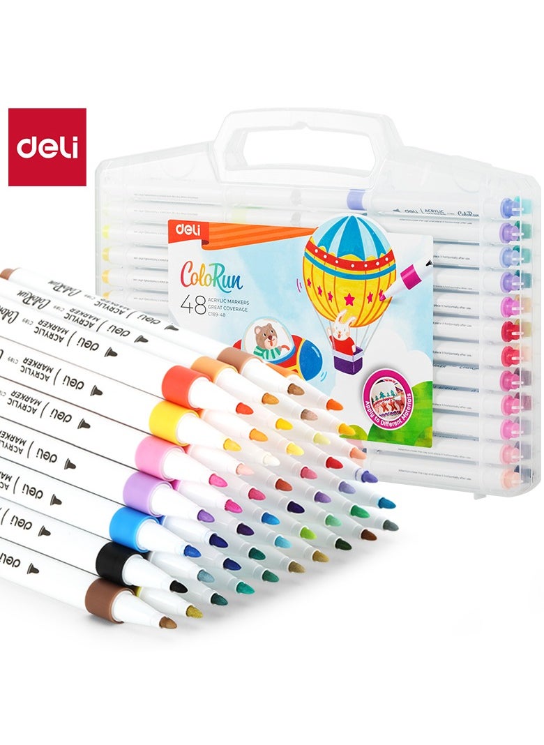 Deli Deli EC189-48 Acrylic Marker, 48 Colors Acrylic Marker Set – Single 1mm Thin Bullet Tip, Slim Round Barrel – Fast-Drying Water-Based Ink, High Coverage – Ideal for Rock Painting, Canvas, Wood, Glass – Portable Storage Case.  - Image 1