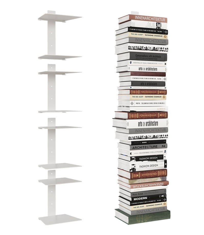 Wawocs Invisible Bookshelf for Wall, 8 Tier Floating Bookshelf Made of Heavy Duty Metal, Vertical Spine Book Tower Hanging Wall Bookshelf, Floating Book Shelves for Wall, 4 Pack White - Image 1
