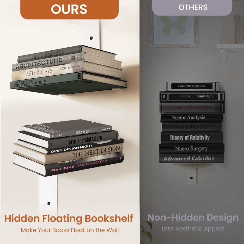 Wawocs Invisible Bookshelf for Wall, 8 Tier Floating Bookshelf Made of Heavy Duty Metal, Vertical Spine Book Tower Hanging Wall Bookshelf, Floating Book Shelves for Wall, 4 Pack White - Image 4