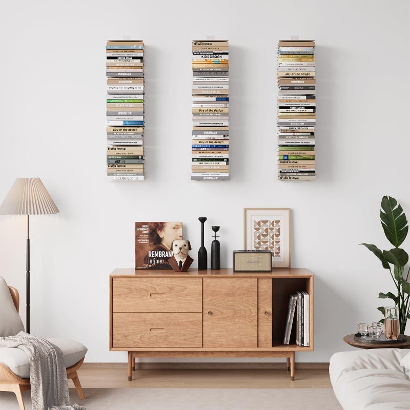 Wawocs Invisible Bookshelf for Wall, 8 Tier Floating Bookshelf Made of Heavy Duty Metal, Vertical Spine Book Tower Hanging Wall Bookshelf, Floating Book Shelves for Wall, 4 Pack White - Image 2