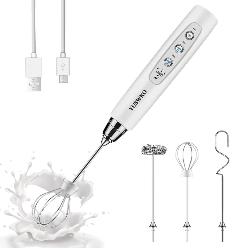 YUSWKO White Handheld Milk Frother Wand for Coffee Rechargeable Electric Whisk with 3 Heads 3 Speeds Drink Mixer Coffee Frother For Latte Cappuccino Hot Chocolate Egg