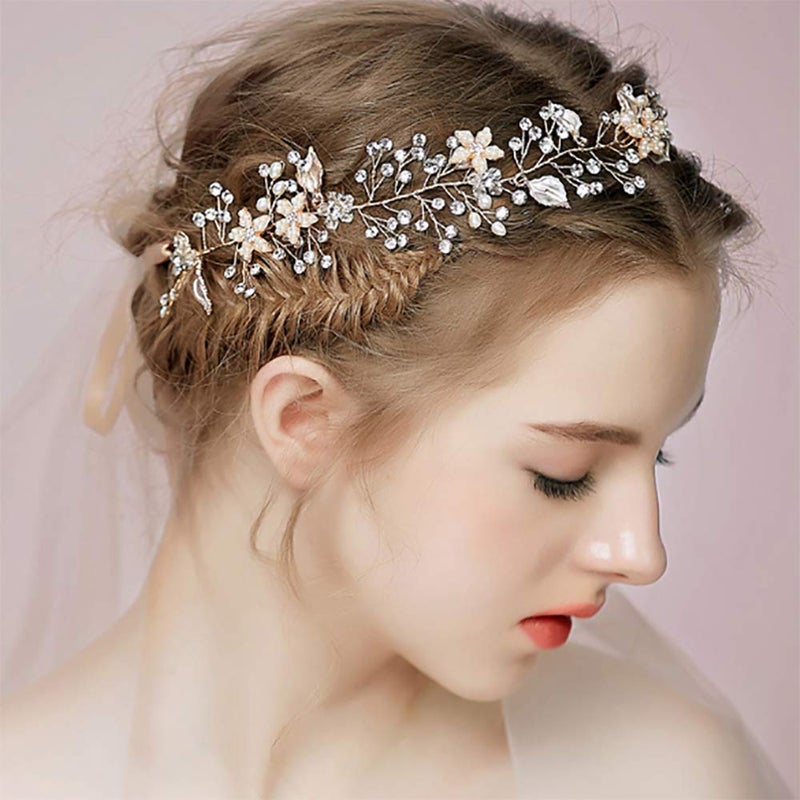 Denifery Bridal Silver Gold and Rose Gold Crystal Hair Vine Bridal Long Hair Vine Wedding Headpiece Bridal Hairpiece Crystal Headband Bridal Hair Accessory for Women and Girl Gold