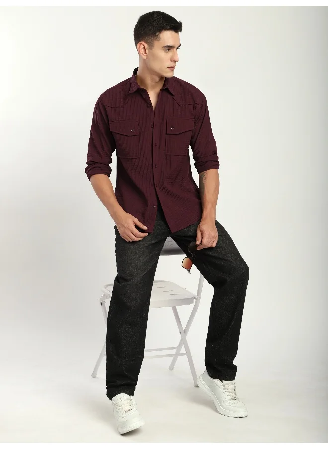 Beyoung Maroon Textured Western Shirt