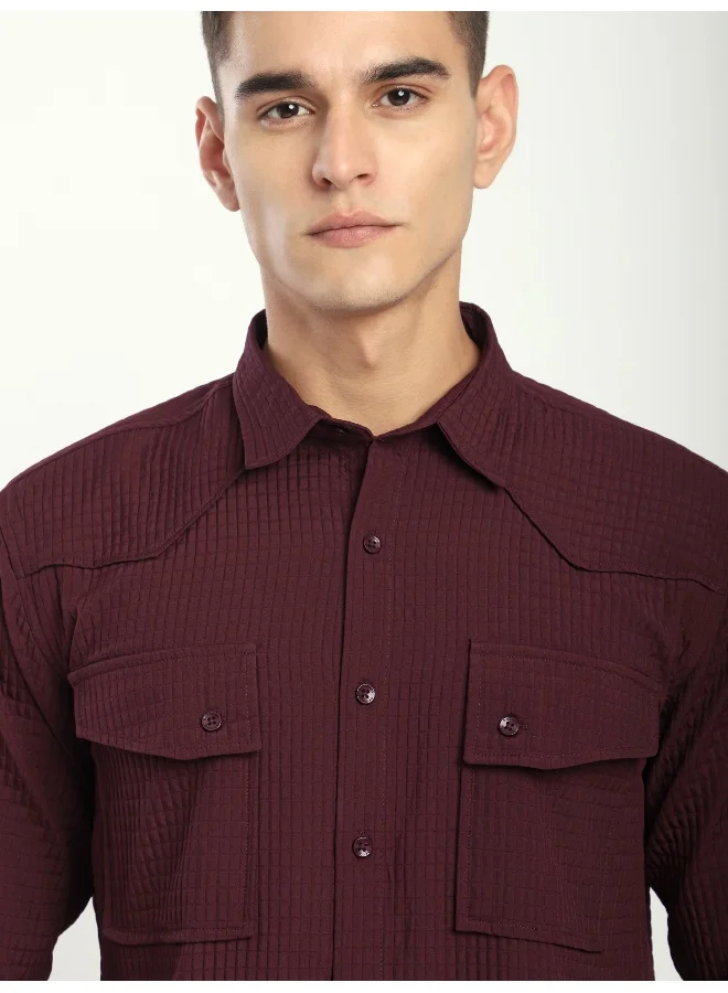 Beyoung Maroon Textured Western Shirt