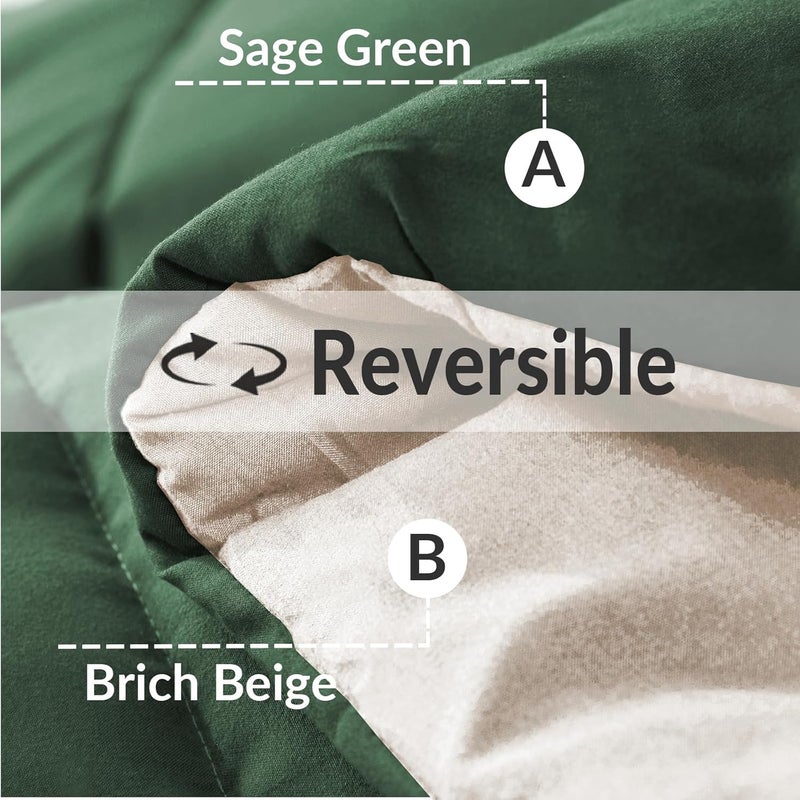 Reversible Duvet King Size for All Seasons, 7.5 Tog Down Alternative Box Sitiched Duvets, Lightweight and Machine Washable Comforter, 220X240 cm, Sage Green,Brich Beige | 220 x 240 cm, Breathable Box-Stitch Microfibre Comforter, Machine Washable, All Seasons, Bed Bedroom Hotel, Sage Green, Beige - Image 5