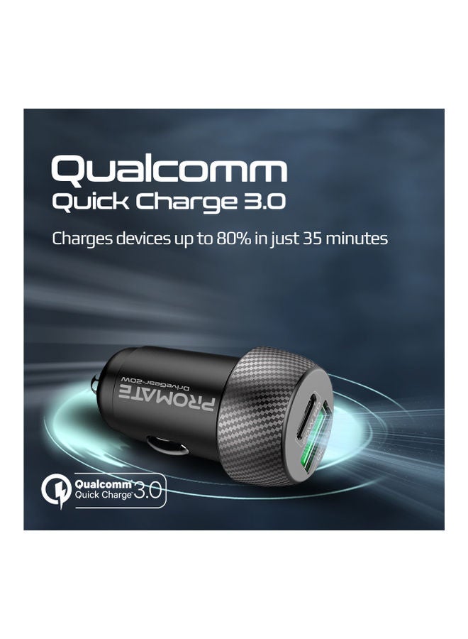 بروميت شاحن سيارة بروميت USB-C ، محول سيارة ثنائي المنفذ فائق الصغر مع منفذ USB من النوع C بقوة 20 واط ، منفذ USB Qualcomm QC 3.0 بقوة 18 واط وحماية من الحرارة الزائدة لأجهزة iPhone 13 و iPad Pro و DriveGear-20W أسود - Image 3