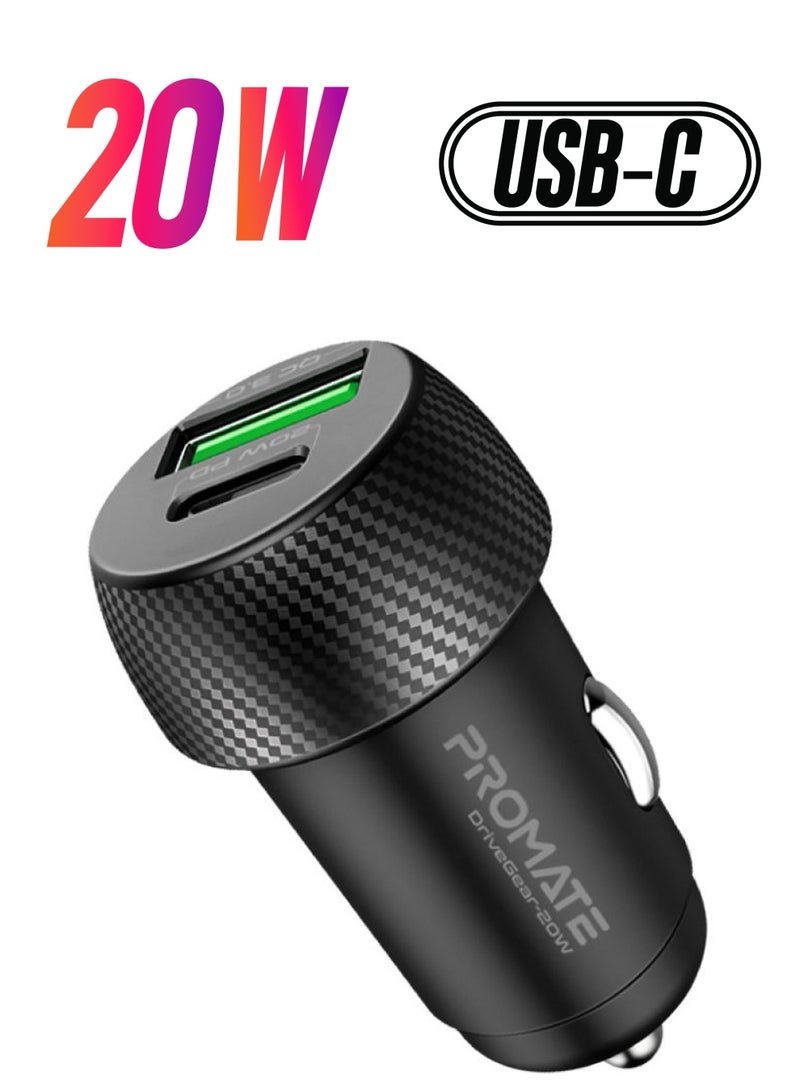 بروميت شاحن سيارة بروميت USB-C ، محول سيارة ثنائي المنفذ فائق الصغر مع منفذ USB من النوع C بقوة 20 واط ، منفذ USB Qualcomm QC 3.0 بقوة 18 واط وحماية من الحرارة الزائدة لأجهزة iPhone 13 و iPad Pro و DriveGear-20W أسود - Image 1