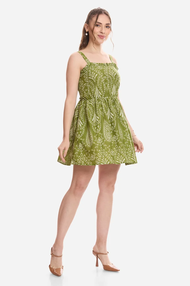 Virgio  All Over Print Cotton Schiffli Print Mini Dress for Women for Women | Best Price UAE