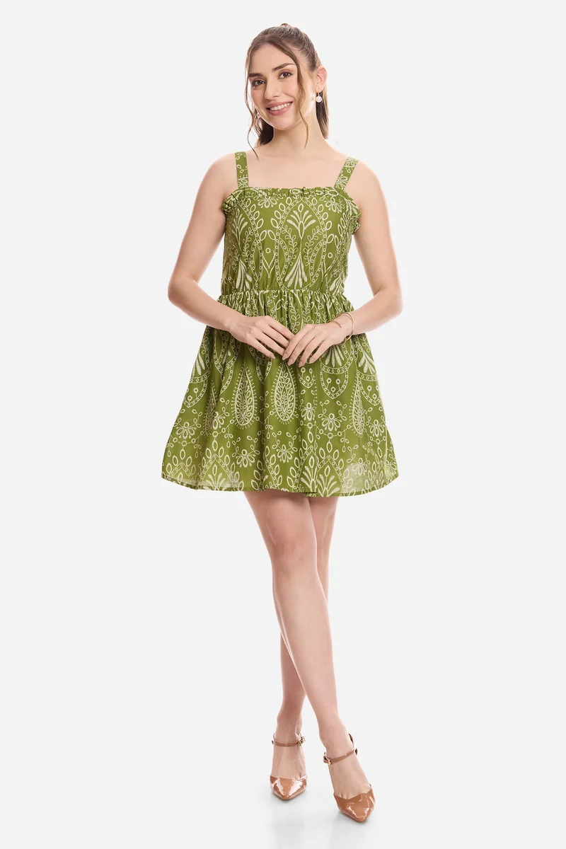 فيرجيو All Over Print Cotton Schiffli Print Mini Dress for Women