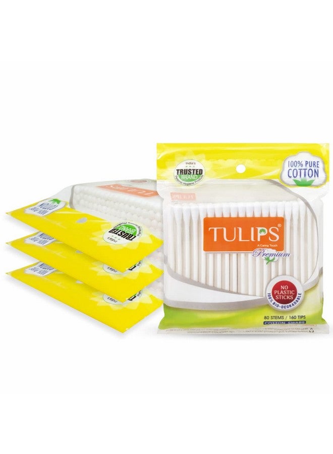 TULIPS Premium Cotton Ear Buds/Swabs (Pack of 4) with white PAPER Sticks 80/160 Tips - Image 1