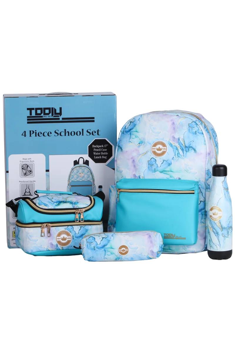 TOOLY School Set, 4 Pcs, Backpack with Lunch Bag, Pencil Case and Water Bottle, Blue Marble(Size: H 42 X 30 X 13 CM)