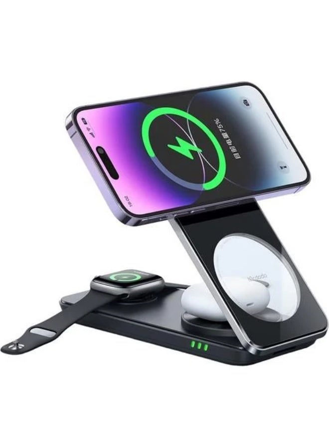 MUNTAQI CH-1151 3-in-1 Wireless Charging Station – Fast Wireless Charger Dock for iPhone, Apple Watch & AirPods, Foldable MagSafe Charger Stand with LED Indicator, Type-C Fast Charging for Travel & Home - Image 1