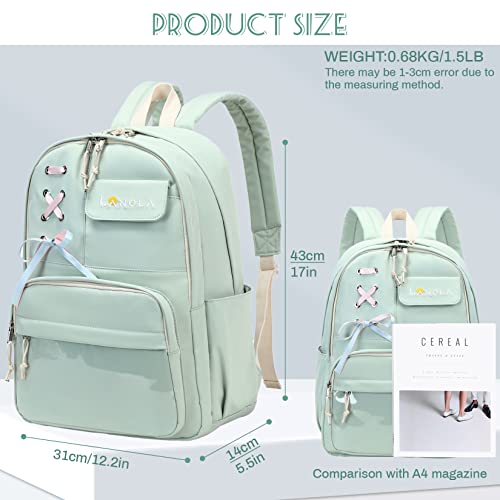 Lanola Teen Girl School Backpack Casual Daypack Bookbag Elementary Middle School College Fashion Travel Backpack with Cute Ribbon for Girls - Green - Image 2