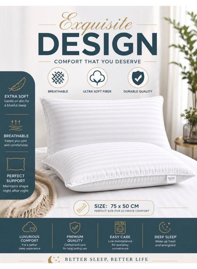 F.A.M.S Set of 4 - Stripe Hotel Pillows - Microfiber, Soft & Hypoallergenic, Breathable Design, Luxurious Stripe Pattern, Durable & Machine Washable, White, 75x50 cm - Image 5