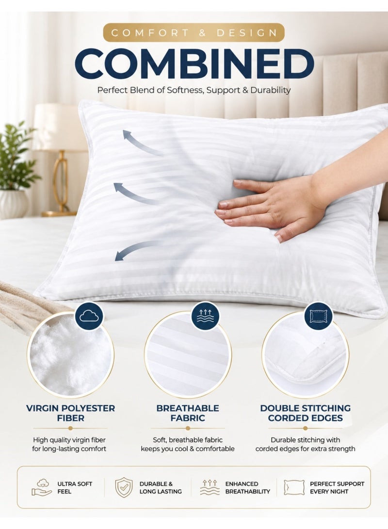 F.A.M.S Set of 4 - Stripe Hotel Pillows - Microfiber, Soft & Hypoallergenic, Breathable Design, Luxurious Stripe Pattern, Durable & Machine Washable, White, 75x50 cm - Image 2