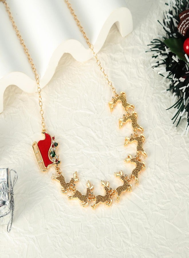 WOWORAMA Christmas Reindeer Pendant Necklace Novelty Christmas Santa Sleigh with 8 Reindeers Decor Necklace Festive Christmas Jewelry - Xmas Reindeer Necklace - Image 2