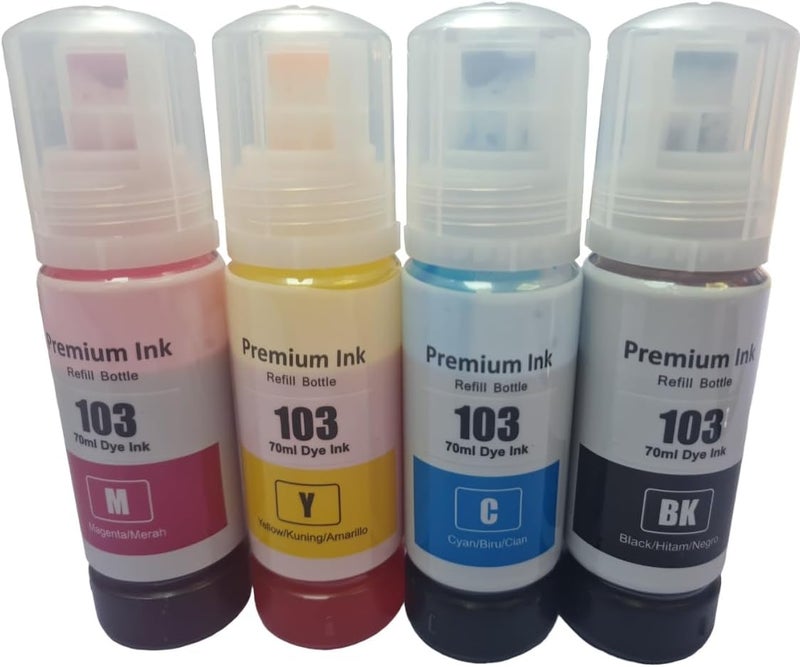 Premium Ink Refill Bottles Compatible 103 Ink Set Four Color For Epson Work With L1100,L1200,L3100,L3110,L3150,L3160,L3200,L3500,L5100,L5200,L5500 Printers. 70Ml Dye Ink Set, Cmyk Colours - Image 1