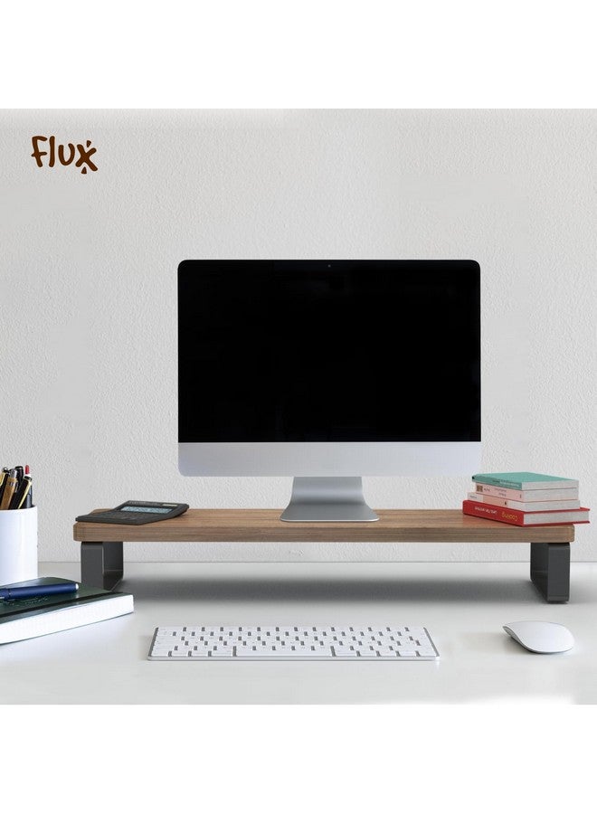 Flux حامل شاشة فلوكس خشبي | حامل شاشة مرتفع | حامل كمبيوتر لطاولة المكتب | غير قابل للانزلاق، المادة: لوح جزيئي ومعدن الحجم - (59.5 سم × 20 سم × 12 سم) رف (بني جوز) - Image 2