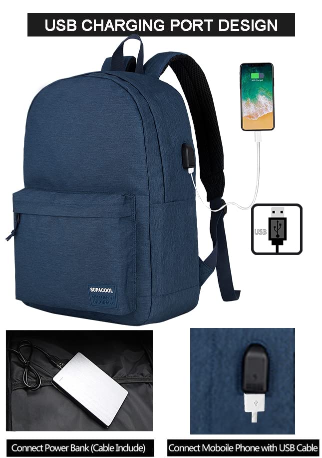 SUPACOOL Casual Laptop Backpack for Men and Women, Backpack for College, USB Charging Port, Lightweight Pack Back(Navy blue) - Image 2