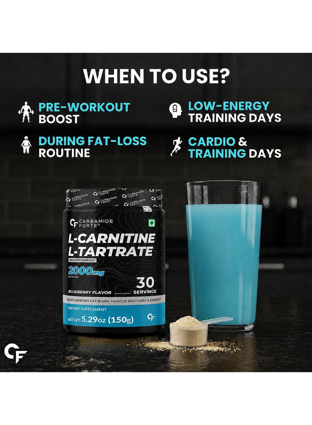 L Carnitine L Tartrate 2000Mg Powder For Pre And Post Workout 150G Bluberry Flavour