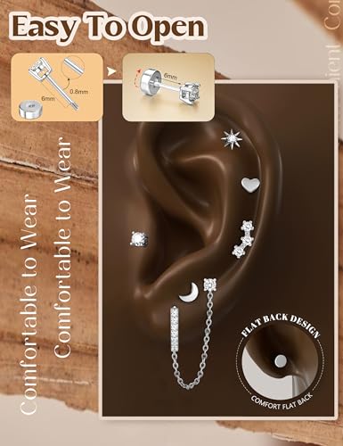 YADOCA Gold Flat Back Earrings for Women, 14K Gold Plated Trendy Cartilage Earring Sets for Multiple Piercing Hypoallergenic Small Huggie Hoop Earrings Stacks with Dangle Chain Dainty Stud Earrings - Image 3