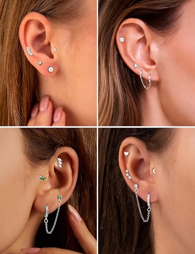 YADOCA Gold Flat Back Earrings for Women, 14K Gold Plated Trendy Cartilage Earring Sets for Multiple Piercing Hypoallergenic Small Huggie Hoop Earrings Stacks with Dangle Chain Dainty Stud Earrings - Image 4