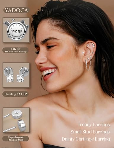YADOCA Gold Flat Back Earrings for Women, 14K Gold Plated Trendy Cartilage Earring Sets for Multiple Piercing Hypoallergenic Small Huggie Hoop Earrings Stacks with Dangle Chain Dainty Stud Earrings - Image 2