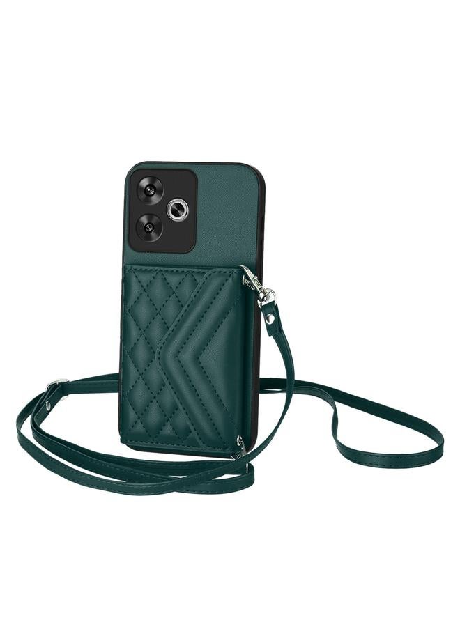 Case For Xiaomi Poco F6 5G India Rhombic Texture Card Bag RFID Phone Case with Long Lanyard