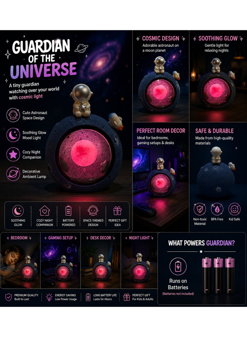 Guardian of the Universe Astronaut Moon Lamp – Cosmic LED Night Light, Battery Powered Ambient Lamp for Bedroom, Gaming Setup, Desk & Kids Room Decor