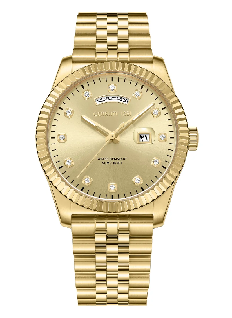 CERRUTI 1881 Chienti Women's Watch - Champagne Sunray Dial, Swarovski Crystal Markers, Arabic date and day
