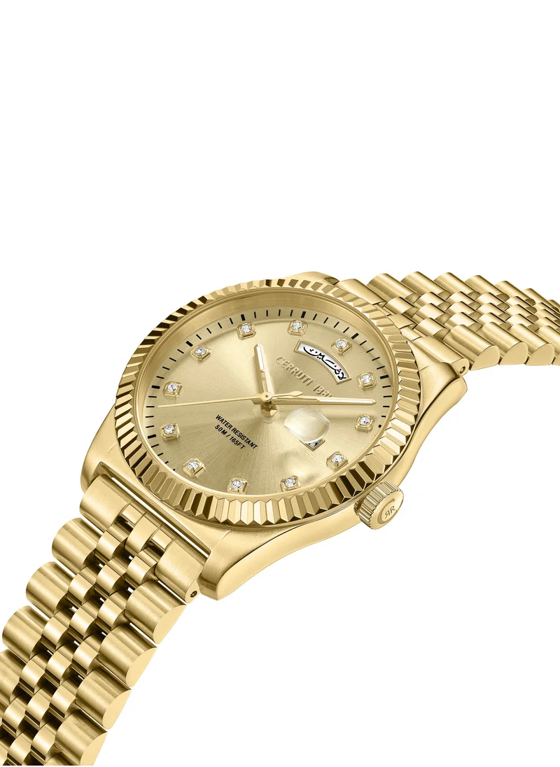 CERRUTI 1881 Chienti Women's Watch - Champagne Sunray Dial, Swarovski Crystal Markers, Arabic date and day
