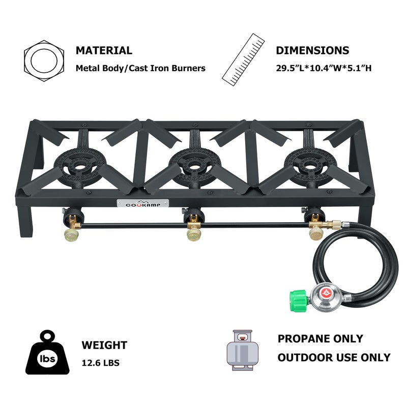 COOKAMP Propane Triple Burner Angle Iron Camp Stove with CSA Listed Regulator and 4ft Hose (SA3200) - Image 2