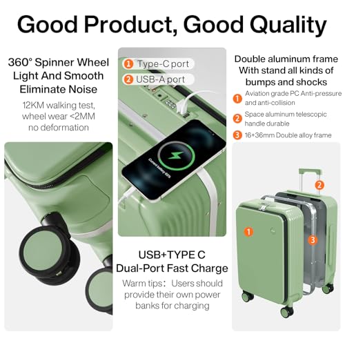 mixi Carry On Luggage with Cup Phone Holder and Charger Hard Shell Suitcases with Spinner Wheels, 20 Inch Avocado Green - Image 5