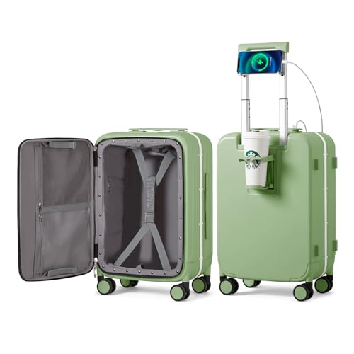 mixi Carry On Luggage with Cup Phone Holder and Charger Hard Shell Suitcases with Spinner Wheels, 20 Inch Avocado Green - Image 1