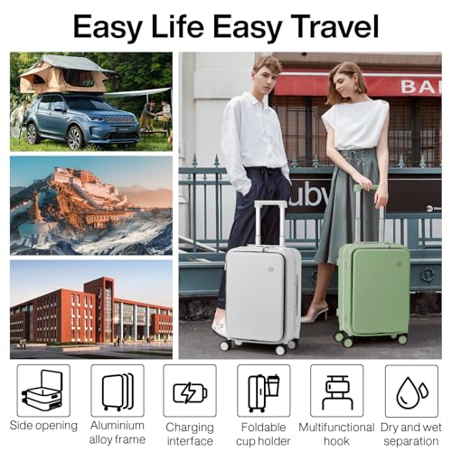 mixi Carry On Luggage with Cup Phone Holder and Charger Hard Shell Suitcases with Spinner Wheels, 20 Inch Avocado Green - Image 2