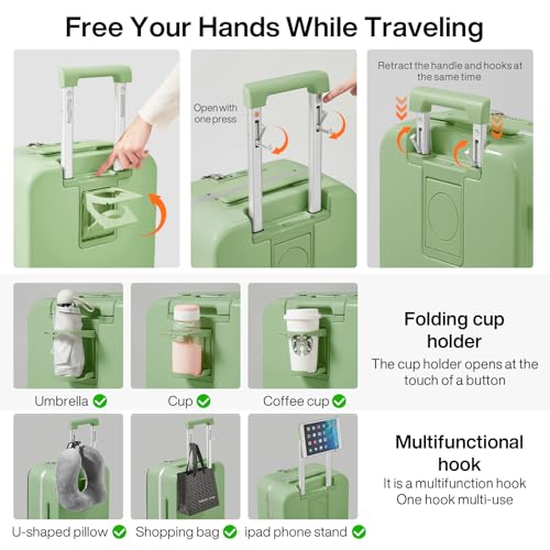 mixi Carry On Luggage with Cup Phone Holder and Charger Hard Shell Suitcases with Spinner Wheels, 20 Inch Avocado Green - Image 4