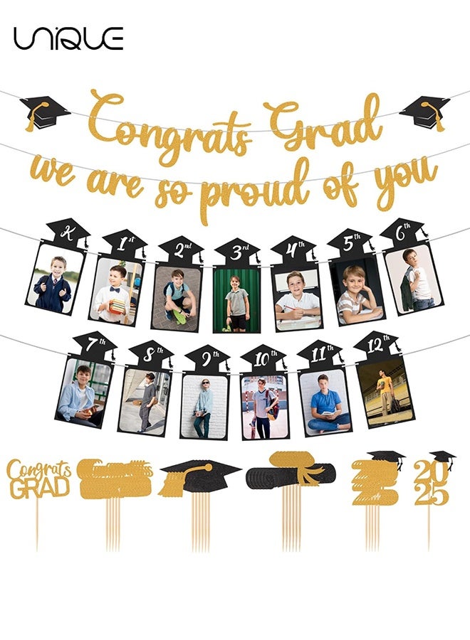 Unique Glitter Graduation Photo Banners Set from Kindergarten to 12th Grade 2025 Graduation Party Decorations Congrats Grad We are So Proud of You Banner 2025 High School Grad Congratulation Party Favors with 24Pcs Cake Toppers - Black Gold  - Image 1