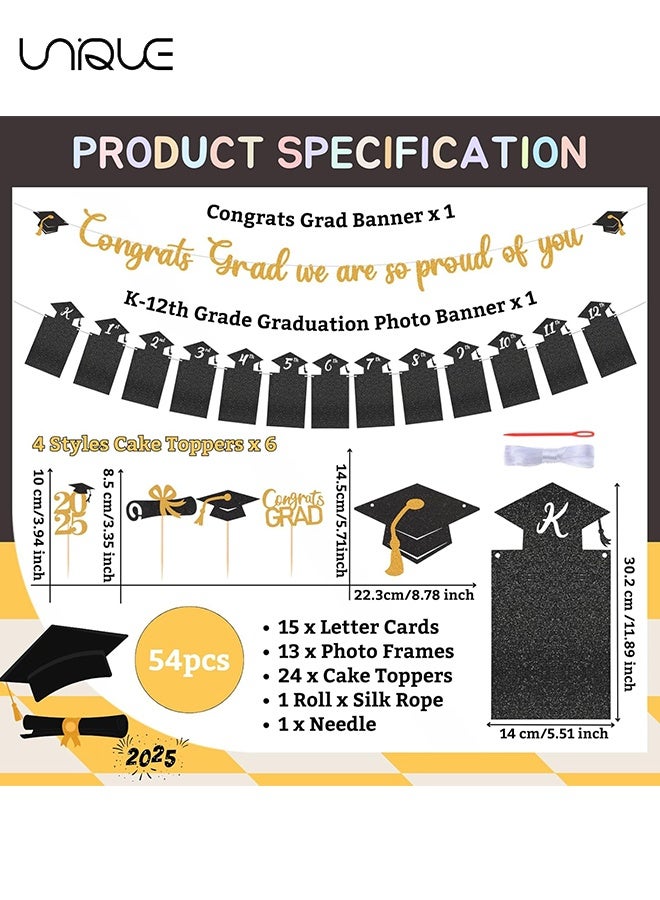 Unique Glitter Graduation Photo Banners Set from Kindergarten to 12th Grade 2025 Graduation Party Decorations Congrats Grad We are So Proud of You Banner 2025 High School Grad Congratulation Party Favors with 24Pcs Cake Toppers - Black Gold  - Image 2