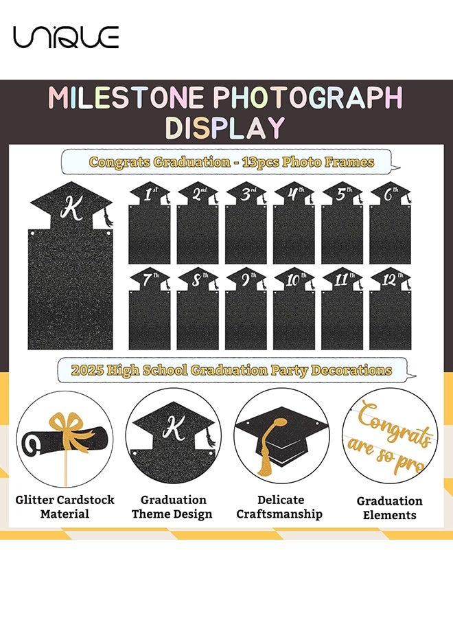 Unique Glitter Graduation Photo Banners Set from Kindergarten to 12th Grade 2025 Graduation Party Decorations Congrats Grad We are So Proud of You Banner 2025 High School Grad Congratulation Party Favors with 24Pcs Cake Toppers - Black Gold  - Image 3