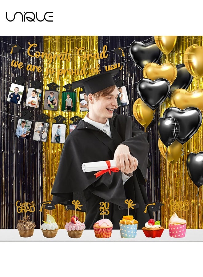 Unique Glitter Graduation Photo Banners Set from Kindergarten to 12th Grade 2025 Graduation Party Decorations Congrats Grad We are So Proud of You Banner 2025 High School Grad Congratulation Party Favors with 24Pcs Cake Toppers - Black Gold  - Image 5
